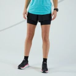 Short 2 En 1 Running Femme - KIPRUN MARATHON Noir
