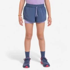 Short Cuissard De Running Respirant Fille - KIPRUN DRY+ 2 En 1 Denim Et Mauve