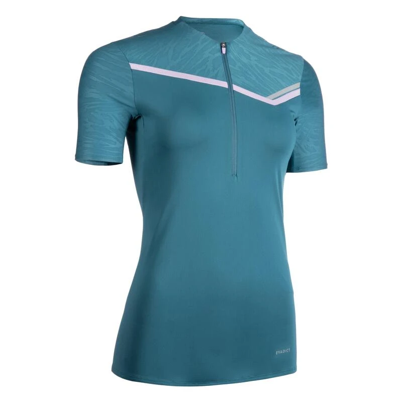 TEE SHIRT DE TRAIL RUNNING MANCHES COURTES ZIP FEMME BLEU