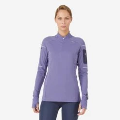 TEE SHIRT RUNNING MANCHES LONGUES HIVER FEMME-KIPRUN WARM LIGHT MAUVE